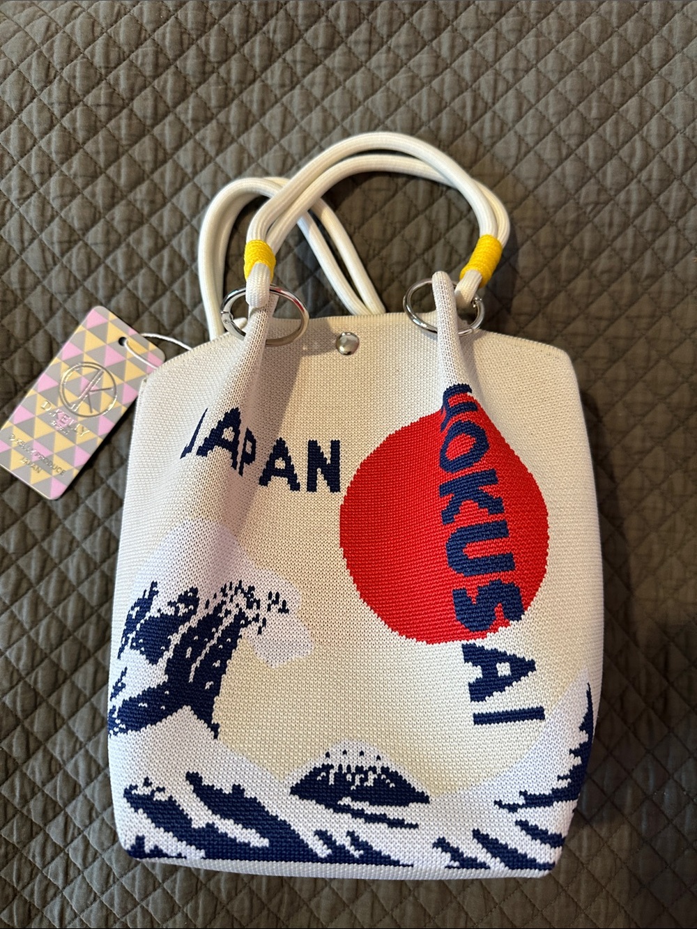 NWT D. Kelly Japan Hokusai White Graphic Knit Mini Bucket Bag